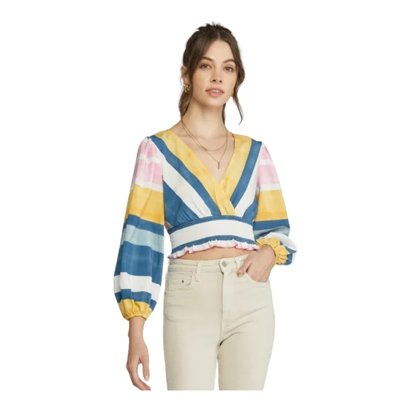 NEW Entro Beach Escapes Multi-Color Vneck Balloon Sleeve Crop Top - Picture 3 of 5